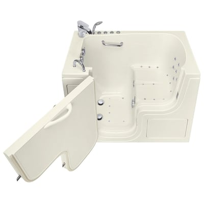 Ella Transfer30 ADA accessible walk-in tub with open outswing door, air jets, grab bar, and chrome faucet in biscuit