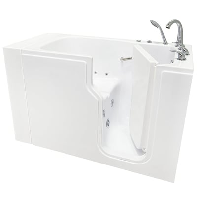 White Ella Economy walk-in tub with open inward swing door, whirlpool jets, chrome faucet, and handheld showerhead on white background