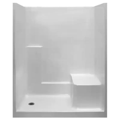White Ella accessible shower stall with built-in corner shelves, fold-down seat, and low-threshold base for safe bathing