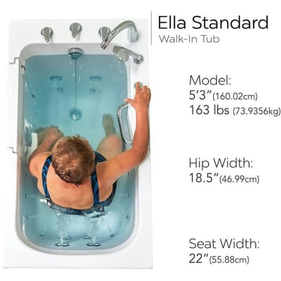 Overhead view of a senior woman soaking in the Ella Standard walk-in tub with hydrotherapy jets and grab bar