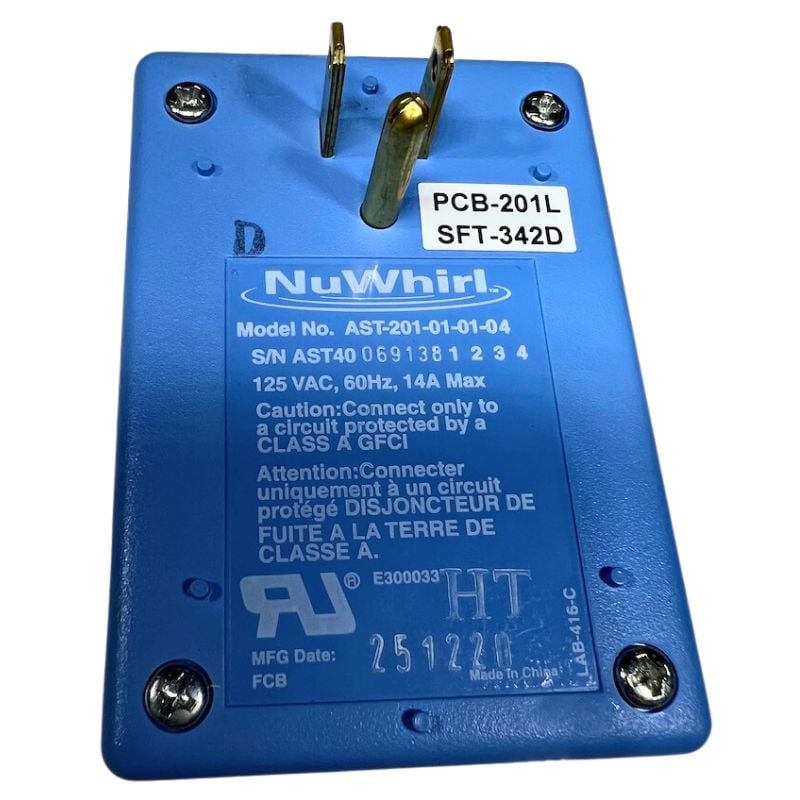 Rear view of a NuWhirl AST-201 walk-in tub control module with its 125VAC plug that requires a GFCI-protected circuit