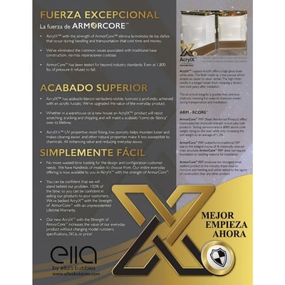 Folleto de producto Ella's Bubbles que destaca AcryIX con tecnología ArmorCore para la durabilidad de la bañera con puerta y cabina de ducha