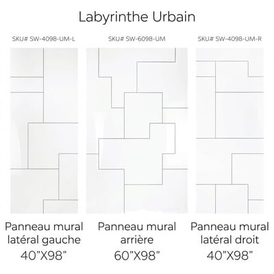 Ensemble de panneaux muraux de douche en acrylique Urban Maze montrant les configurations des panneaux gauche, arrière et droit avec design CNC géométrique