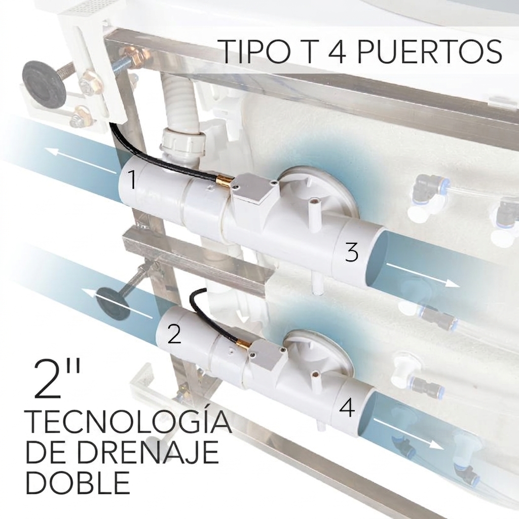 Dos cuerpos de desagüe tipo T de 4 bocas y 2 pulgadas bajo una bañera con puerta Ella, con las cuatro bocas numeradas