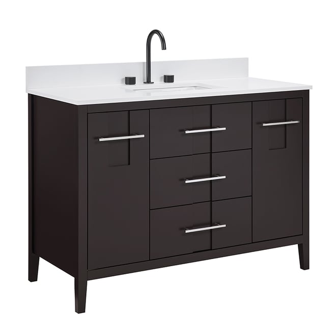 Florence standing bathroom vanity with white quartz top, matte black faucet, side doors, and center drawers with chrome pulls
