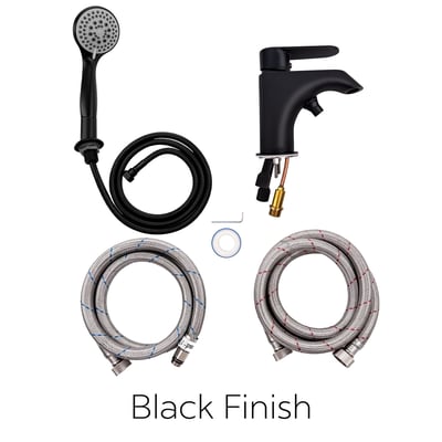 Black finish walk-in tub faucet kit with handheld showerhead, flexible hose, and braided supply lines