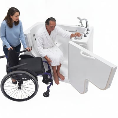 Man in a white robe seated at the open door of an Ella wheelchair accessible walk in tub beside a wheelchair