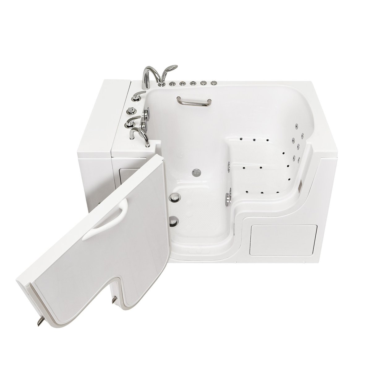 Bañera con puerta Ella Transfer30 accesible en silla de ruedas, en blanco, con la puerta de apertura hacia afuera abierta mostrando los chorros de hidromasaje y el asiento integrado