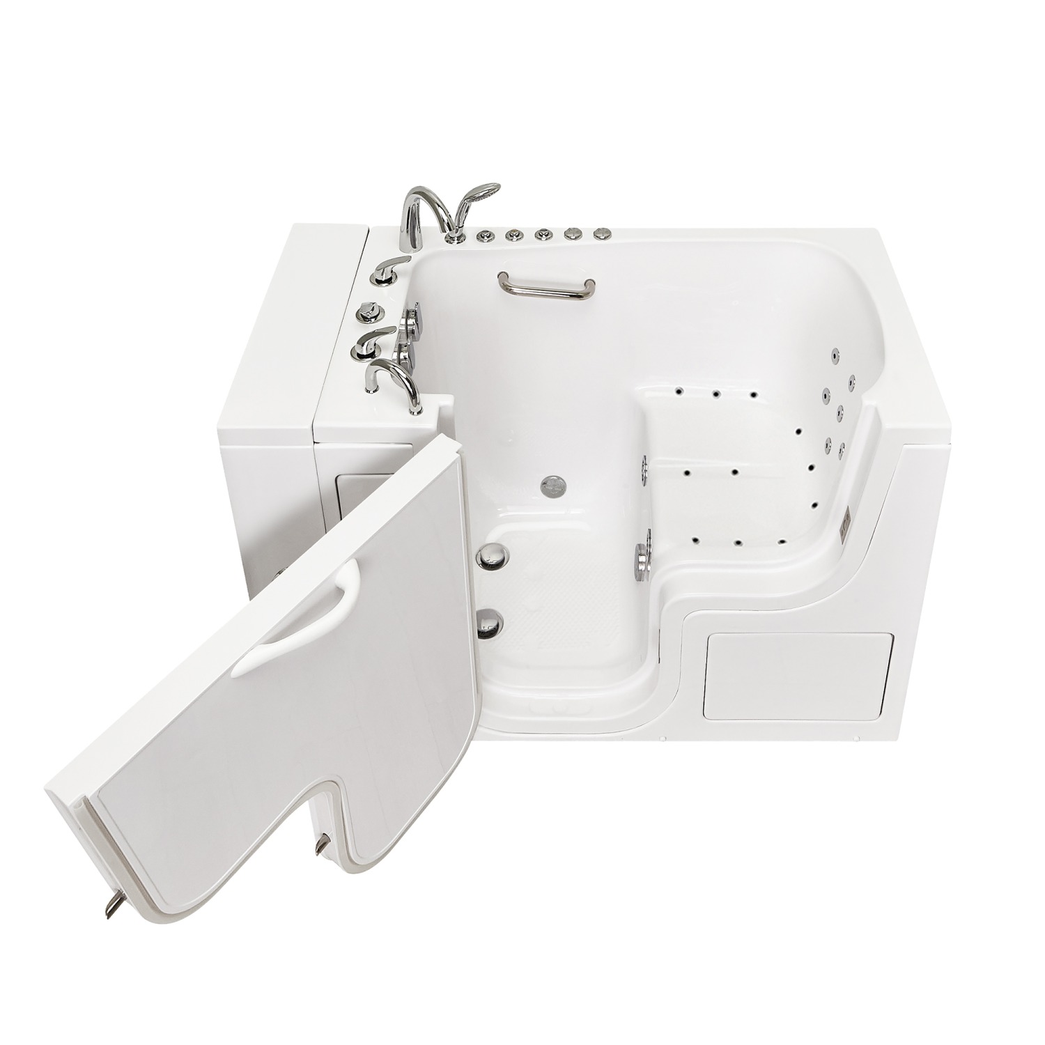 White Ella Transfer30 wheelchair accessible walk-in tub with the outward swing door open showing hydro massage jets and built-in seat