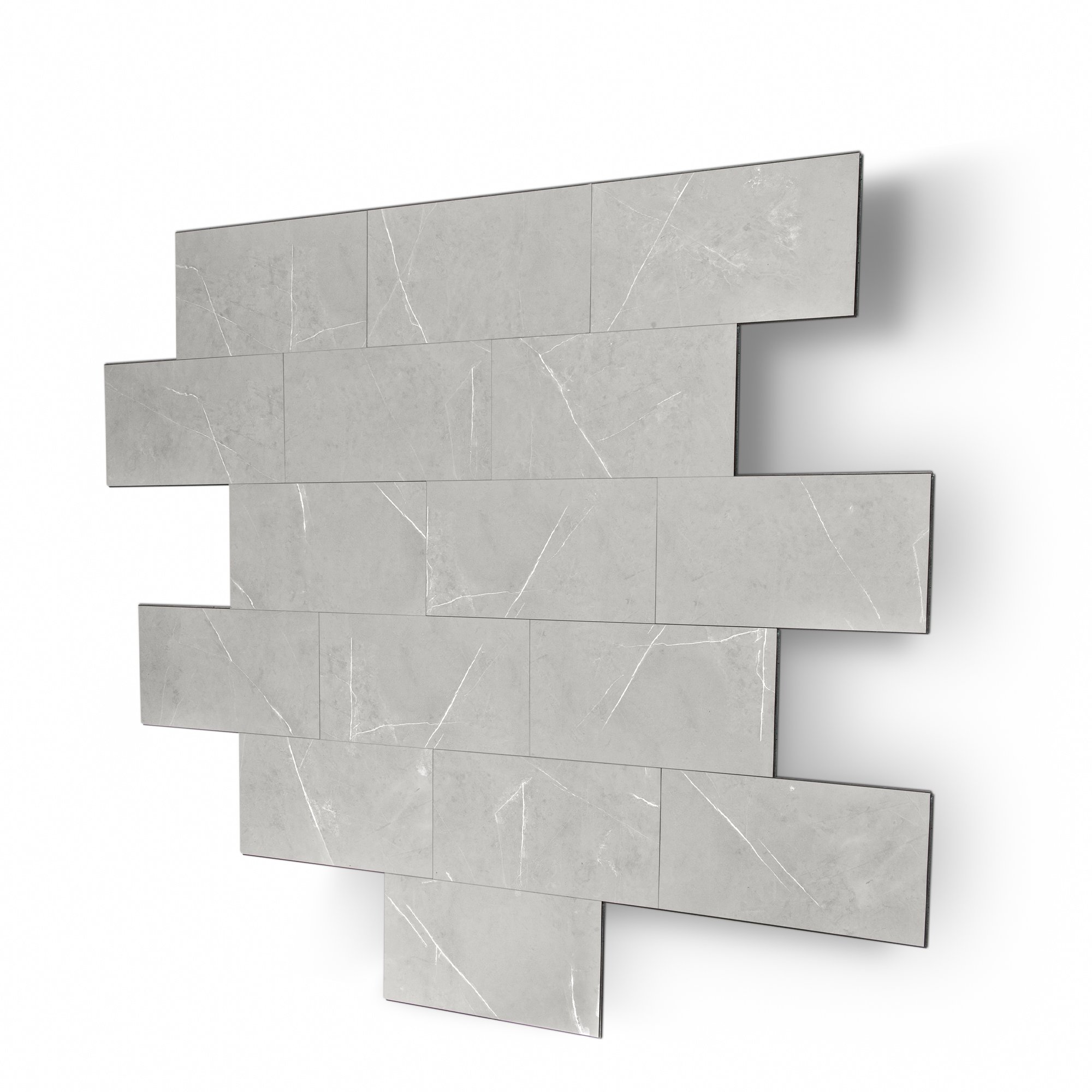Stacked rectangular Carrara Iris gray marble-look wall tiles with white veining for accessible shower surrounds