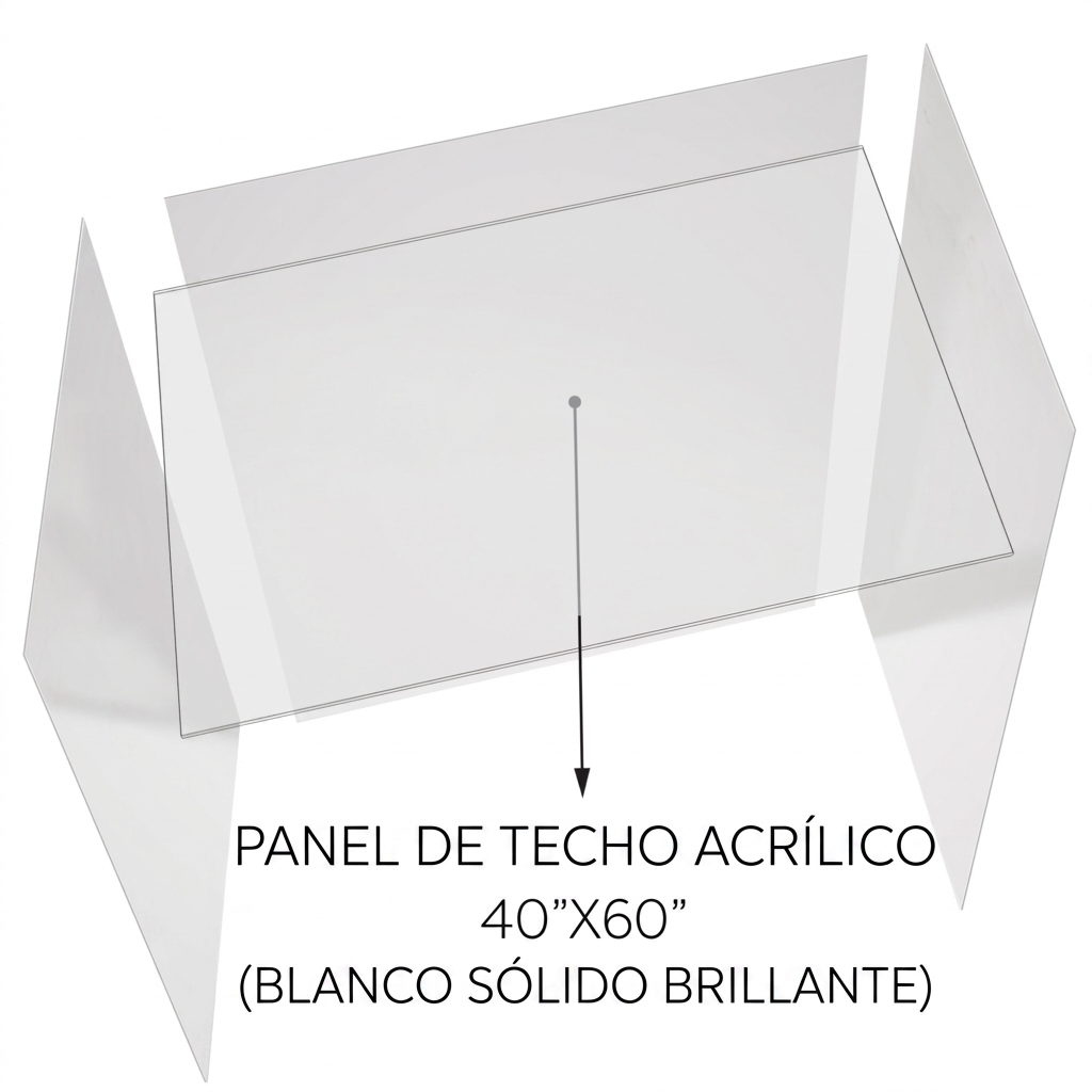 Diagrama en 3D de un panel de techo de acrílico blanco brillante sólido de 40x60 pulgadas para un recinto de cabina de ducha accesible