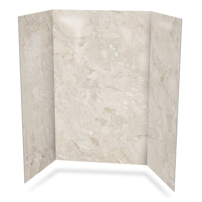 Three-panel Ella acrylic shower wall surround in Marble Sands finish with cream and gray stone-look texture
