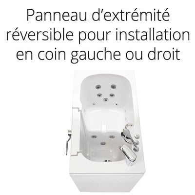 Vue de dessus de la baignoire à porte Ella Mobile avec porte ouverte à ouverture vers l’extérieur, montrant les hydrojets et le panneau d’extrémité réversible
