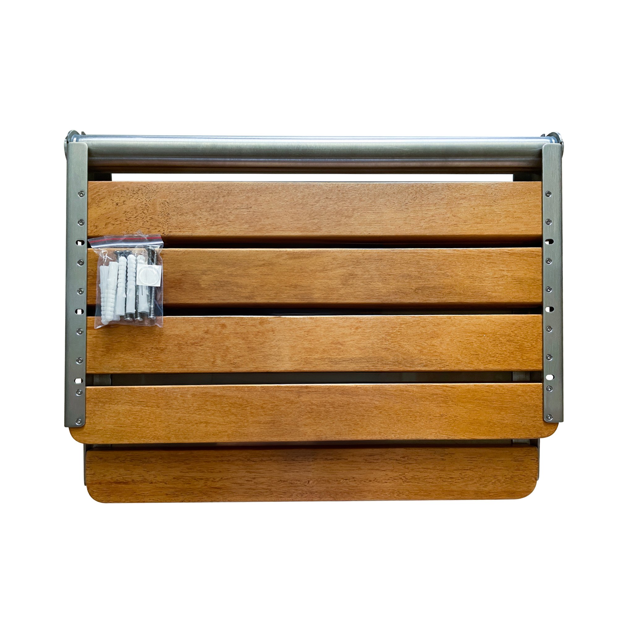 Asiento de ducha abatible de madera de teca Ella con estructura de acero inoxidable y herrajes de montaje