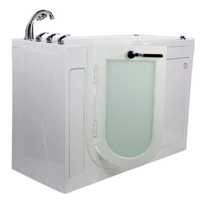 White Ella lounger walk-in tub with frosted glass outward swing door, chrome faucet, and low-step entry on white background