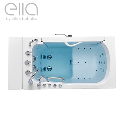 Ella's Bubbles Transfer walk-in tub top-down view showing dual massage jets, chrome faucet, and grab bars on white background