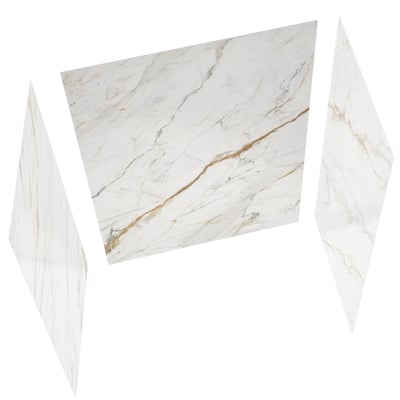 Three white marble-look shower wall panels in Calacatta Luxor finish with gold and gray veining for accessible showers