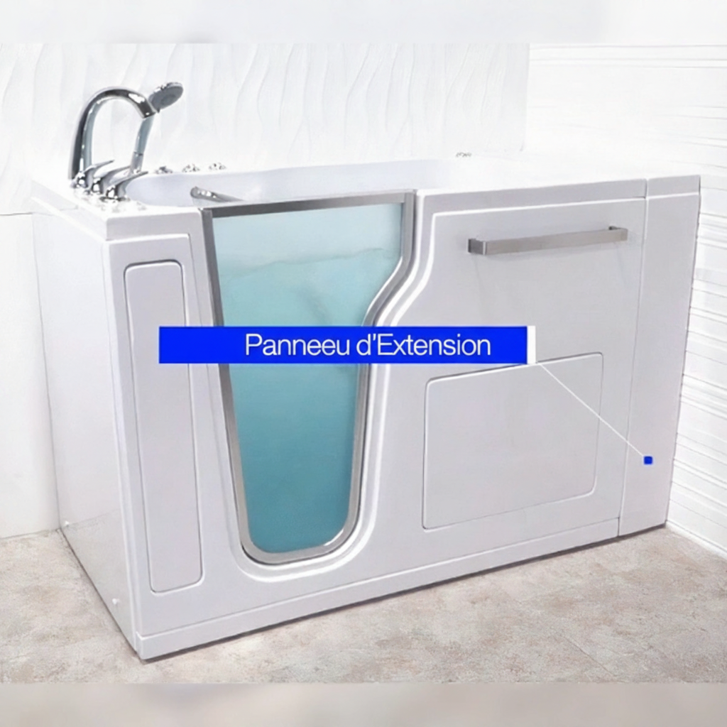 Ella walk-in tub with a label pointing to the removable extension panel that fills the gap to the alcove wall