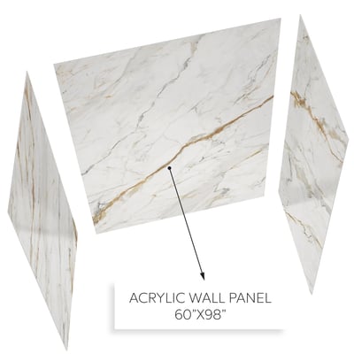 Three-panel acrylic wall surround in Calacatta Luxor marble pattern with labeled 60x98 inch center panel