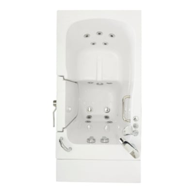 Ella Capri acrylic walk-in bathtub with outward swing door, dual hydro jets, grab bar, and chrome faucet controls