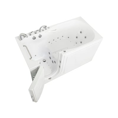 White Ella walk-in tub with outward swing door open, showing dual hydro and air massage jets, grab bar, and chrome faucet controls