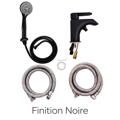 Kit de robinetterie pour baignoire à porte finition noire avec douchette à main, flexible et flexibles d’alimentation tressés