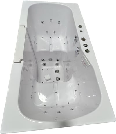 Baignoire à porte Ella Transfer60 accessible en fauteuil roulant avec porte à ouverture extérieure, siège intégré et raccords de jets en laiton - 76x152 cm