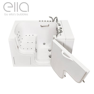 Ella's Bubbles Transfer30 walk-in tub with outward swing door open showing anti-slip floor, air jets, and chrome faucet controls