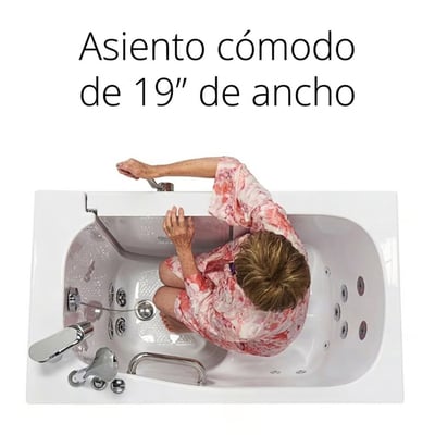 Mujer mayor sentada en el asiento de 48 cm de ancho dentro de la bañera de acceso lateral Ella Mobile vista desde arriba