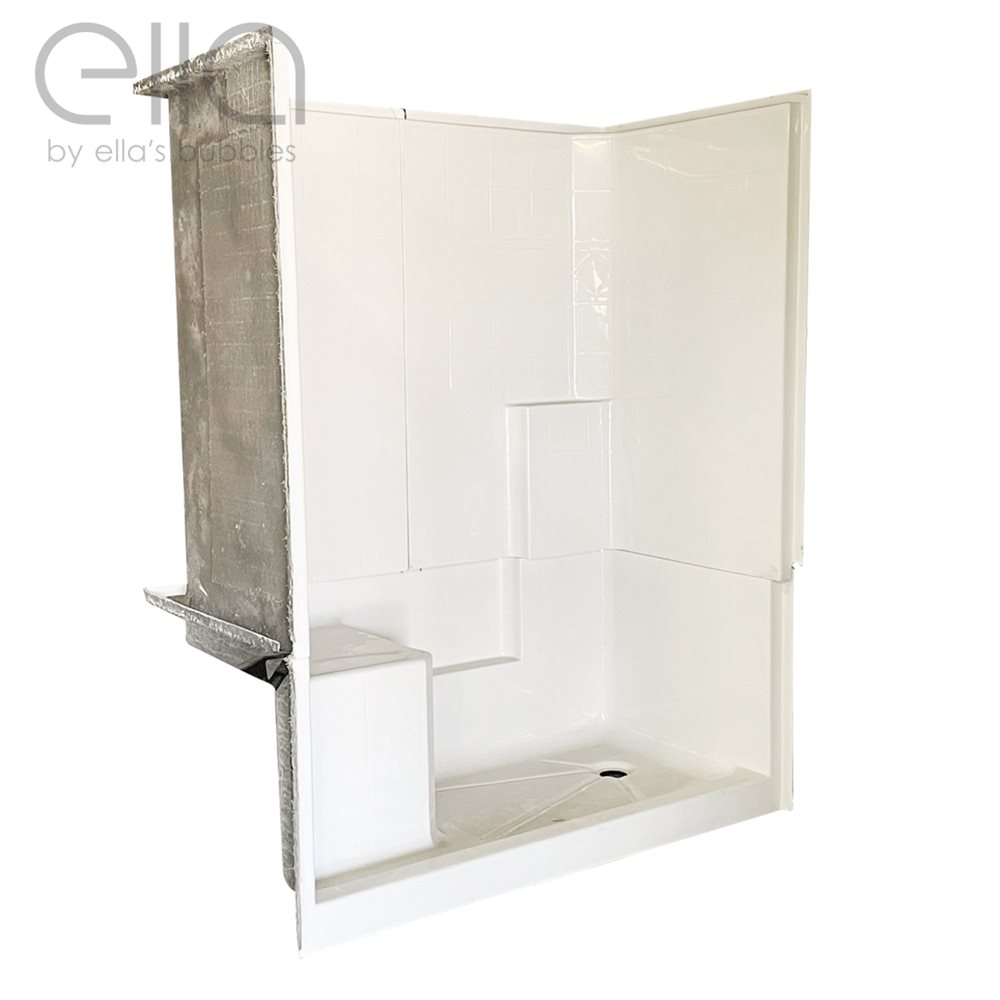 Ella three-piece accessible shower stall with a molded seat, tile-pattern acrylic walls and a low-threshold base