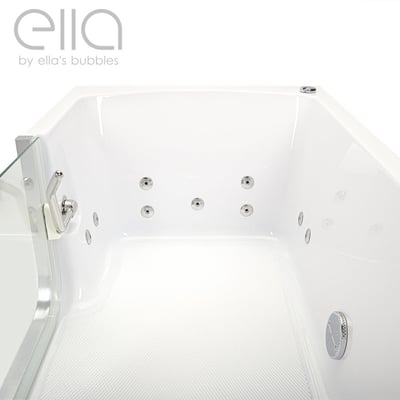 Vue intérieure de la baignoire à porte allongée Ella's Bubbles montrant les hydrojets, le fond antidérapant et la porte en verre à ouverture intérieure