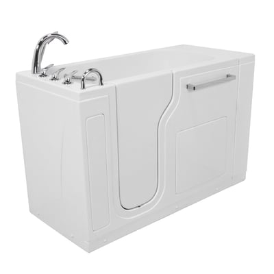 White Ella S-Class 28x53 acrylic walk-in tub with inward swing door, chrome faucet set, and grab bar on white background