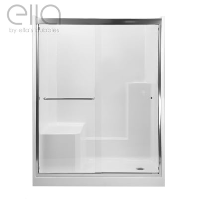 Cabine de douche coulissante avec cadre Ella’s Bubbles Duo 55 x 70, porte en verre transparent, siège banquette intégré et finition chromée