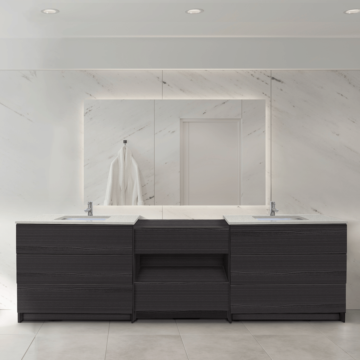 Ella Element ST36 cabinet in Ebony anchoring a two-sink modular vanity suite with an open center shelf