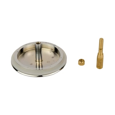 Chrome walk-in tub drain assembly cover plate with brass bolt and nut hardware components on white background