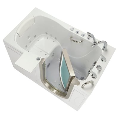 Overhead angled view of Ella Elite walk-in tub 30x52 with door cracked open revealing anti-slip floor and hydro jets