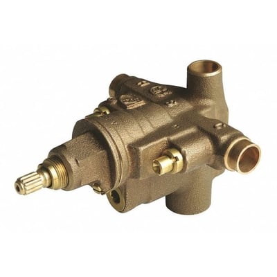 Close-up of a Zurn brass thermostatic shower valve rough-in body with copper sweat connections for walk-in tub installation