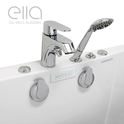 Close-up of Ella Companion walk-in tub chrome fast-fill faucet, handheld showerhead, control knobs, and touch panel