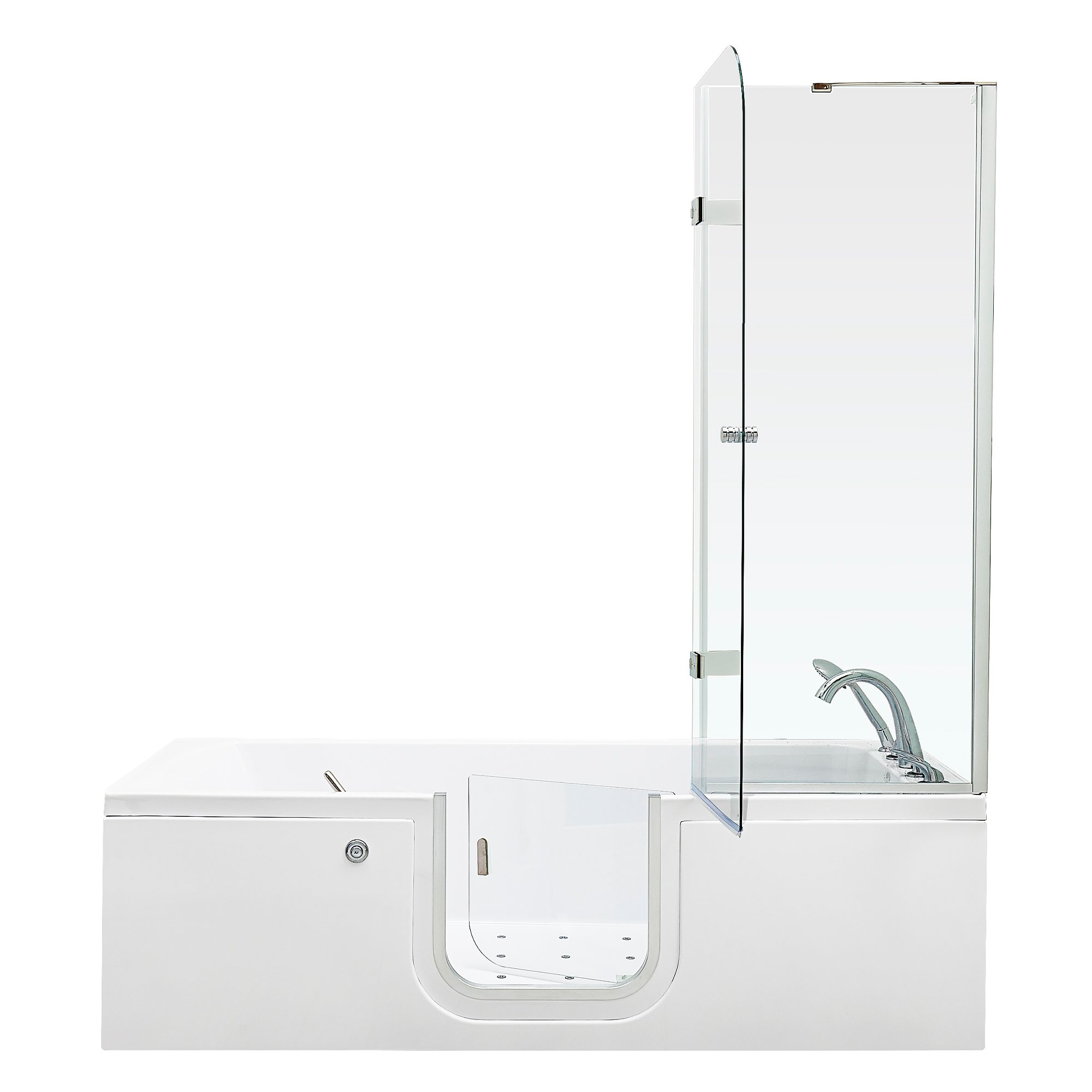 Baignoire à porte en acrylique Ella LayDown 32x72 avec porte latérale en verre ouverte et écran de douche pliant en verre trempé