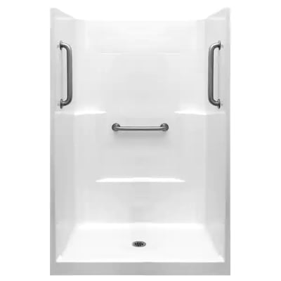 White Ella accessible shower stall with three stainless steel grab bars, built-in bench seat, and center drain