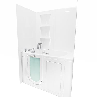 Baignoire à porte blanche brillante avec kit d’habillage mural 6 panneaux, porte battante intérieure dépolie, robinetterie chromée et tour d’étagères intégrée