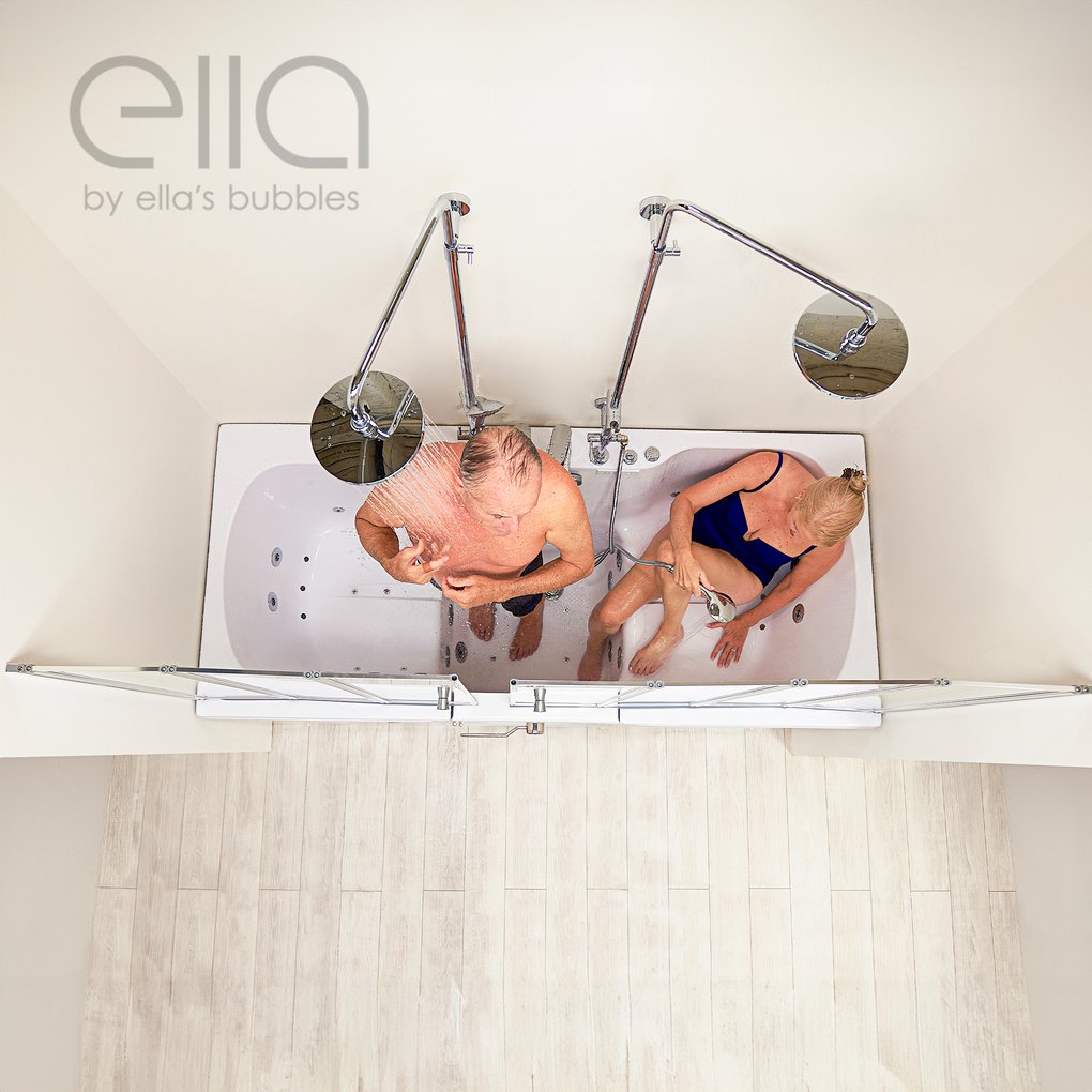 Overhead view of a couple showering together in the Ella Big4Two two-seat walk-in tub with dual rainfall showerheads