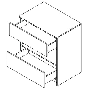 Diagrama en dibujo lineal del mueble de lavabo modular de pie Ella de 30", con dos cajones extraíbles abiertos, mostrado en vista isométrica