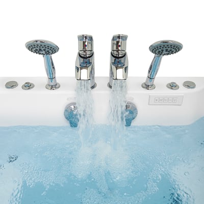 Close-up of dual chrome fast-fill faucets and handheld showerheads filling the Ella Big4Two two-seat walk-in bathtub