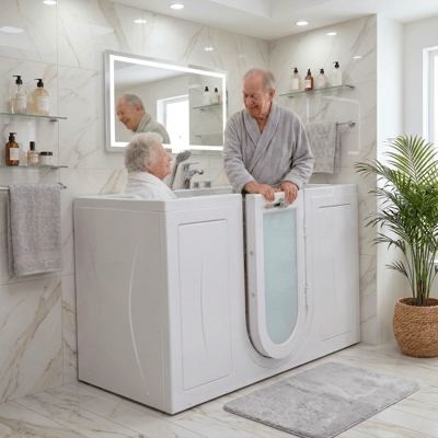 Older couple at an Ella Tub4Two two seat walk in tub with the outward swing door closed