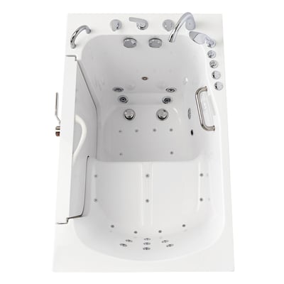 Overhead studio view of the white Ella TransferXXL walk-in tub with dual jets, chrome faucet, handheld shower, grab bar, and non-slip textured seat