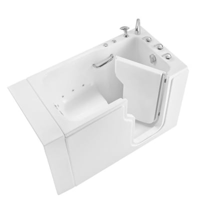 Ella 30x52 white acrylic walk-in tub with open outward swing door, grab bar, hydro jets, and chrome faucet controls