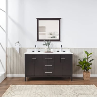 Meuble-lavabo de salle de bains moderne Florence sur pied avec plan en quartz blanc massif -