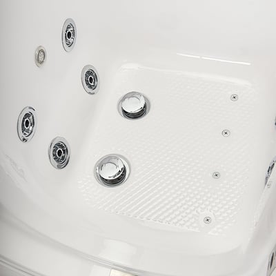 Primer plano de jets cromados de hidromasaje y alfombrilla antideslizante dentro del interior de la bañera con puerta Ella Big4One