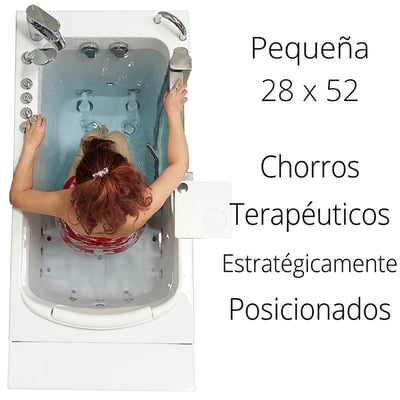 Vista aérea de una mujer relajándose en la bañera con puerta Ella Petite de 28x52 pulgadas con chorros de agua terapéuticos posicionados estratégicamente